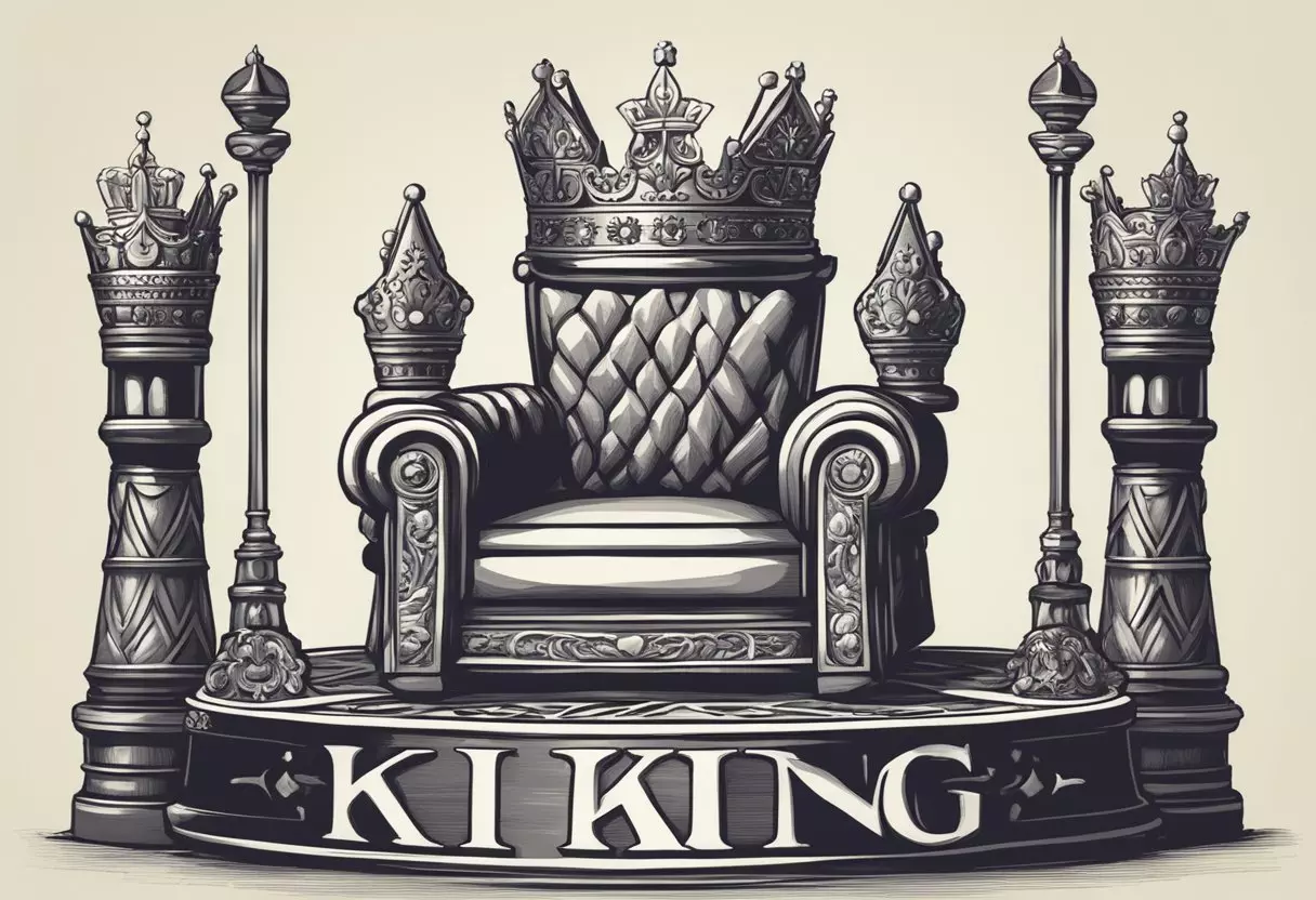 A regal crown sits atop a throne, surrounded by symbols of power and authority. The name 