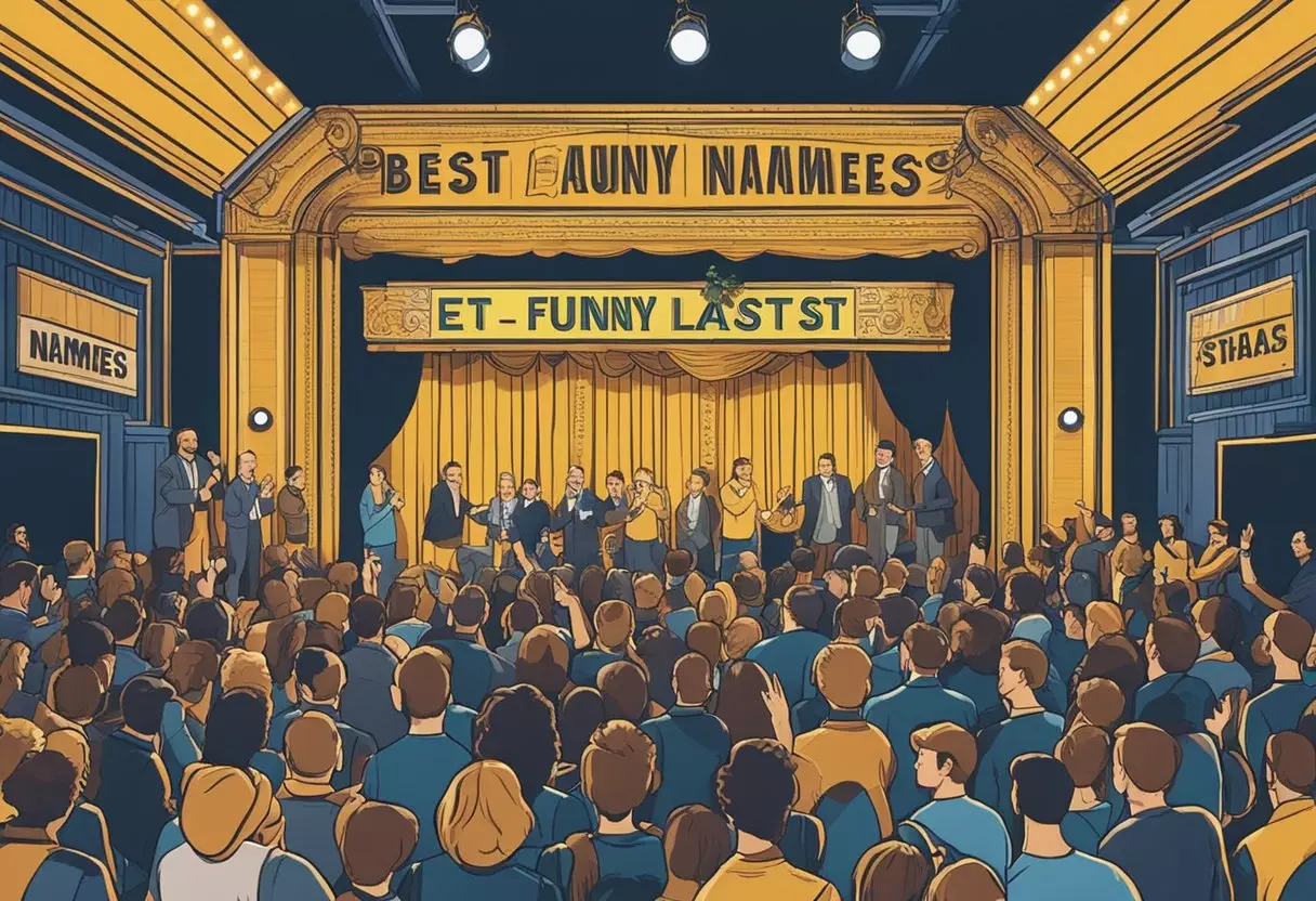 A group of people at a comedy show, laughing and pointing at a sign that reads 