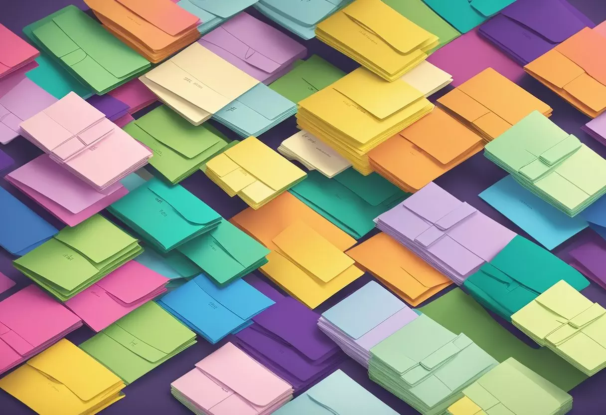 Aunt names written on a stack of colorful envelopes