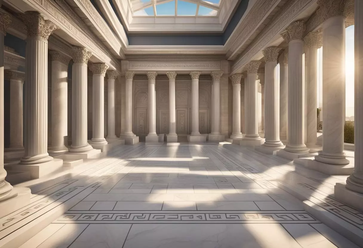 Ancient Greek last names carved on marble tablets in a grand library