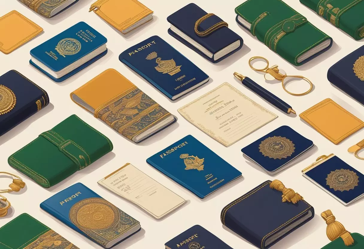 A diverse group of objects, such as a passport, a traditional Indian outfit, and a name tag, represent Indian American names