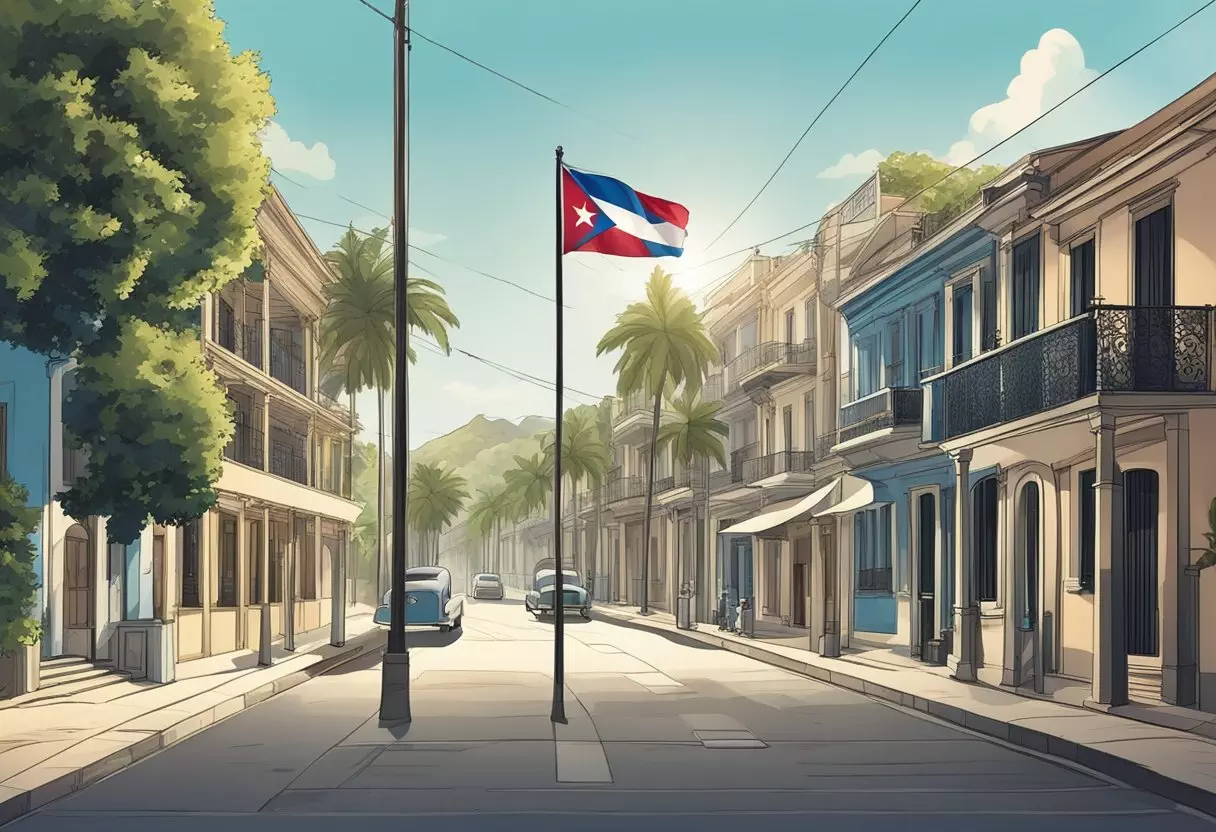 A Cuban flag waving in the breeze, with a street sign displaying common last names like Rodriguez, Perez, and Garcia