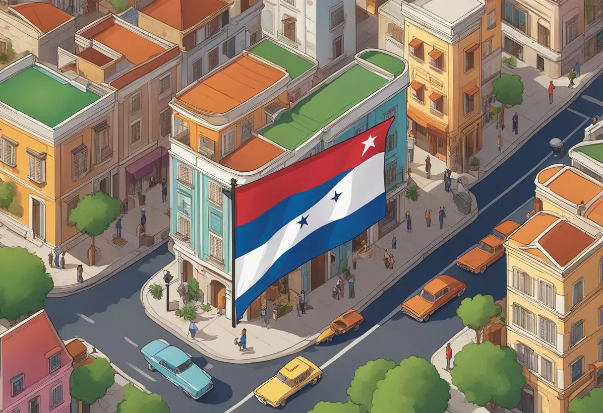 A Cuban flag waving over a bustling street lined with colorful buildings, with signs displaying common Cuban last names like Rodriguez, Perez, and Garcia