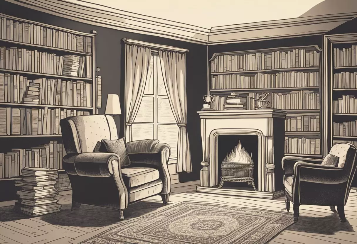 A table with vintage baby name books, a cozy armchair, and a fireplace in the background