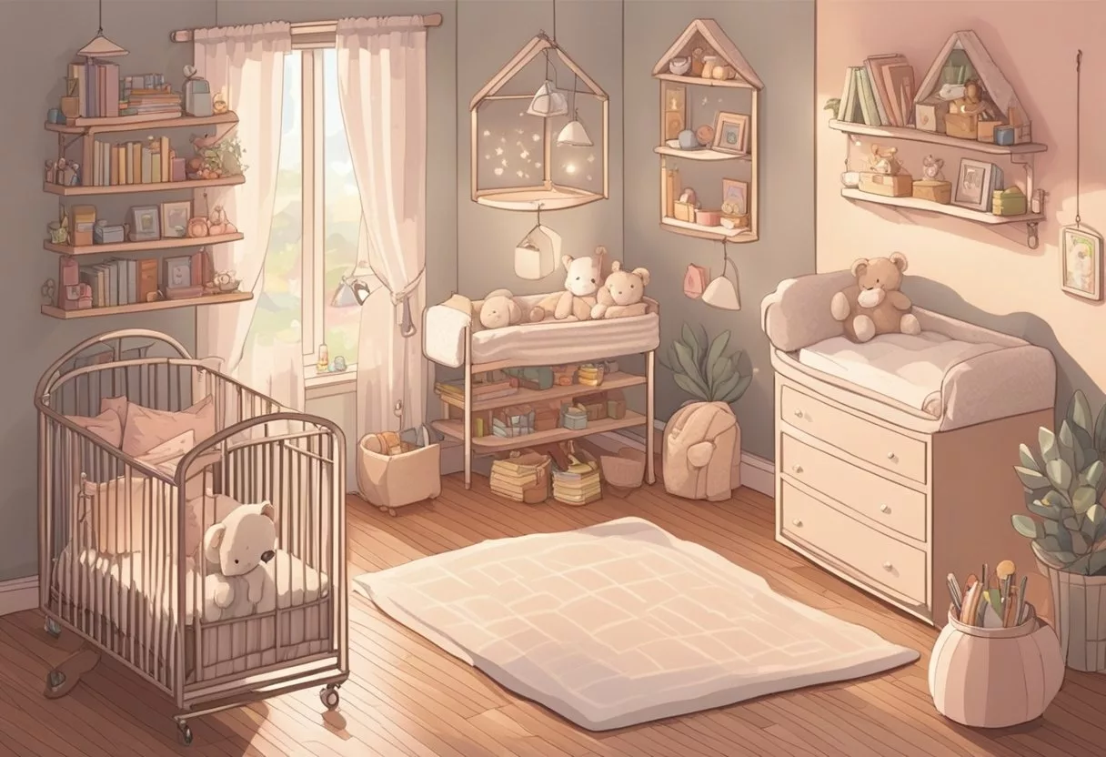 A cozy nursery with soft pastel colors and shelves filled with books and toys. A small crib with a fluffy blanket and a mobile hanging above