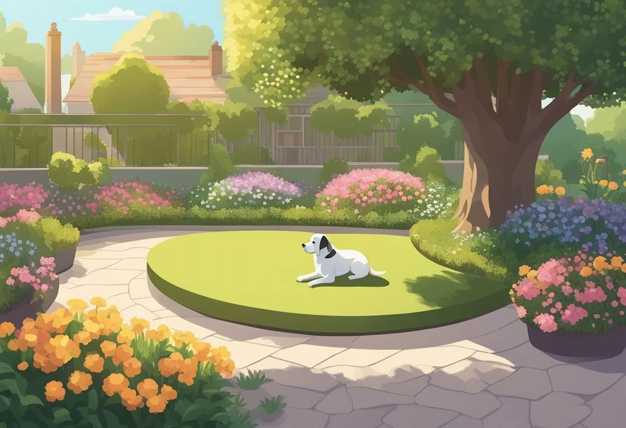 A sunny garden with blooming flowers and a gentle breeze, a small puppy playing with a colorful ball, and a cozy blanket under a shady tree