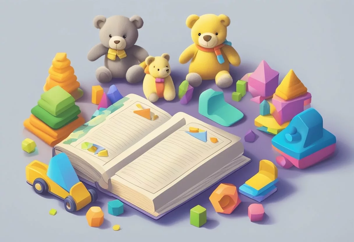 A baby book surrounded by colorful toys and a cozy blanket