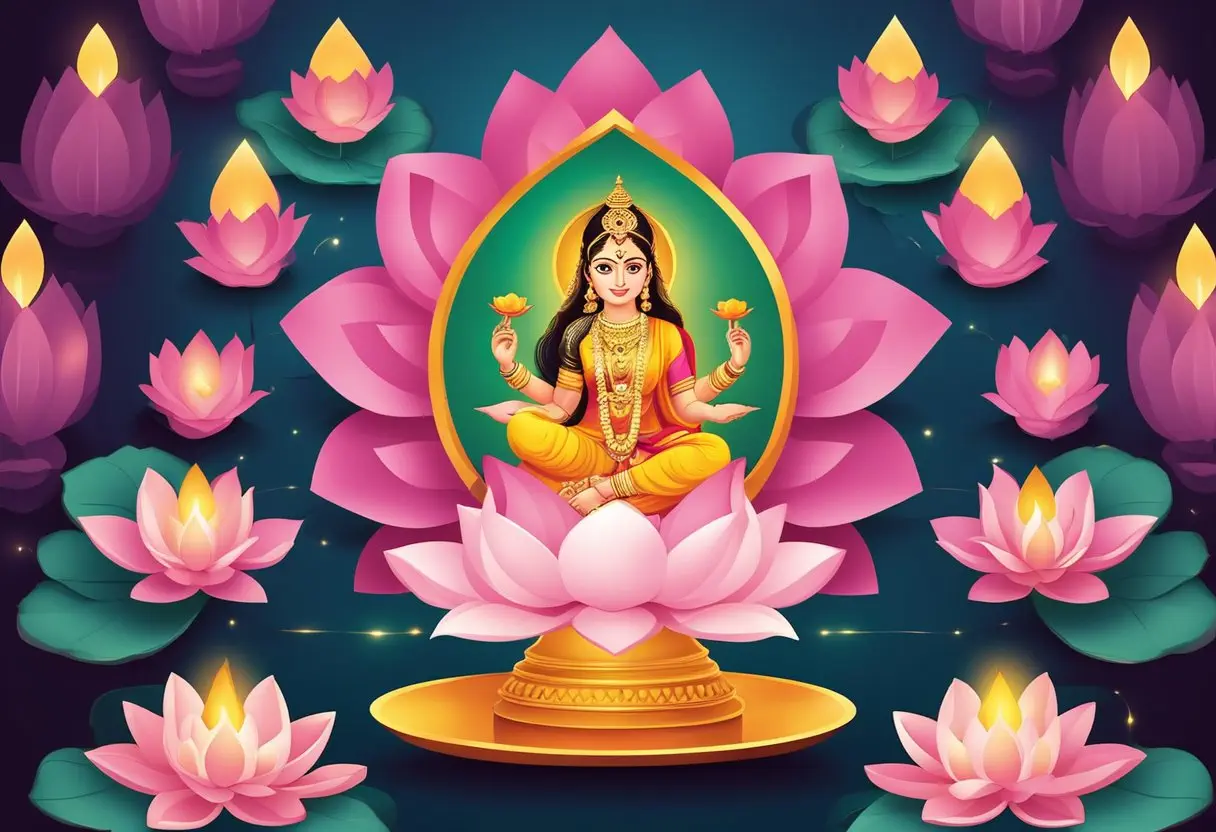 Lakshmi's baby girl names surround a lotus flower, symbolizing purity and prosperity. A diya lamp illuminates the scene