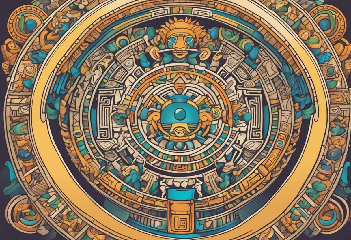 Colorful Mayan symbols and glyphs surround a cradle, representing potential names for a baby