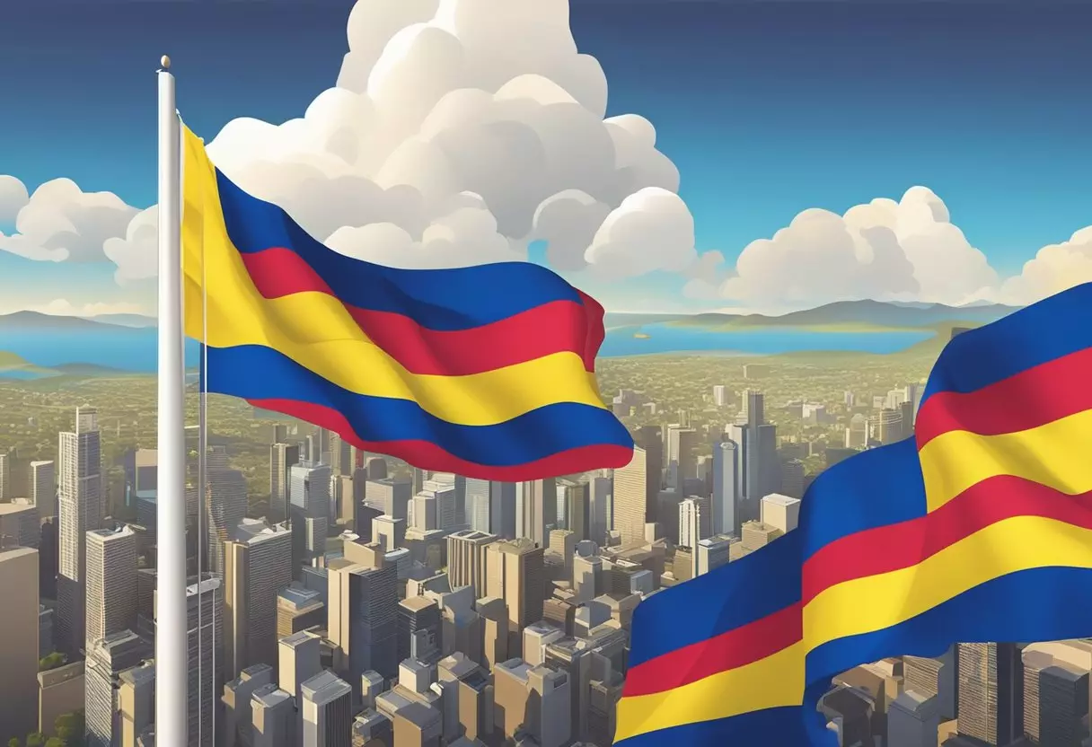 Colombian flag waving in the wind with names like Valentina, Isabella, and Camila written in colorful script below