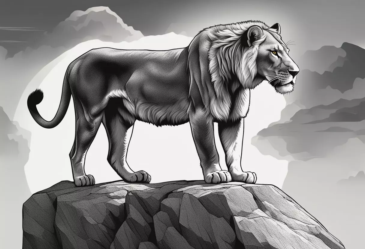 A lioness standing proudly atop a rocky cliff, her mane blowing in the wind, exuding strength and power