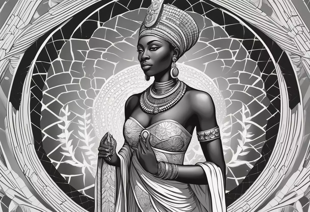 A majestic African goddess stands tall, radiating power and wisdom. Her name, meaning 