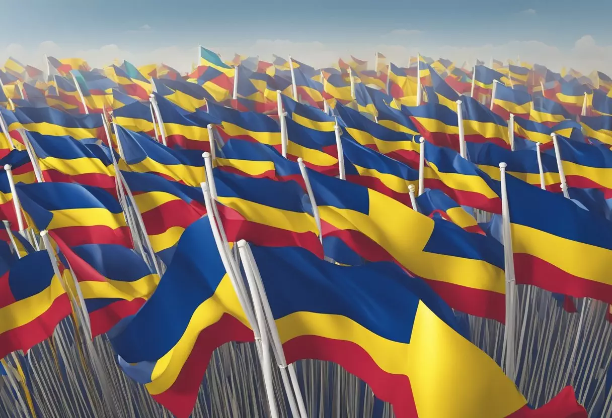 A colorful array of Colombian flags fluttering in the wind, each representing a different boy's name and its meaning