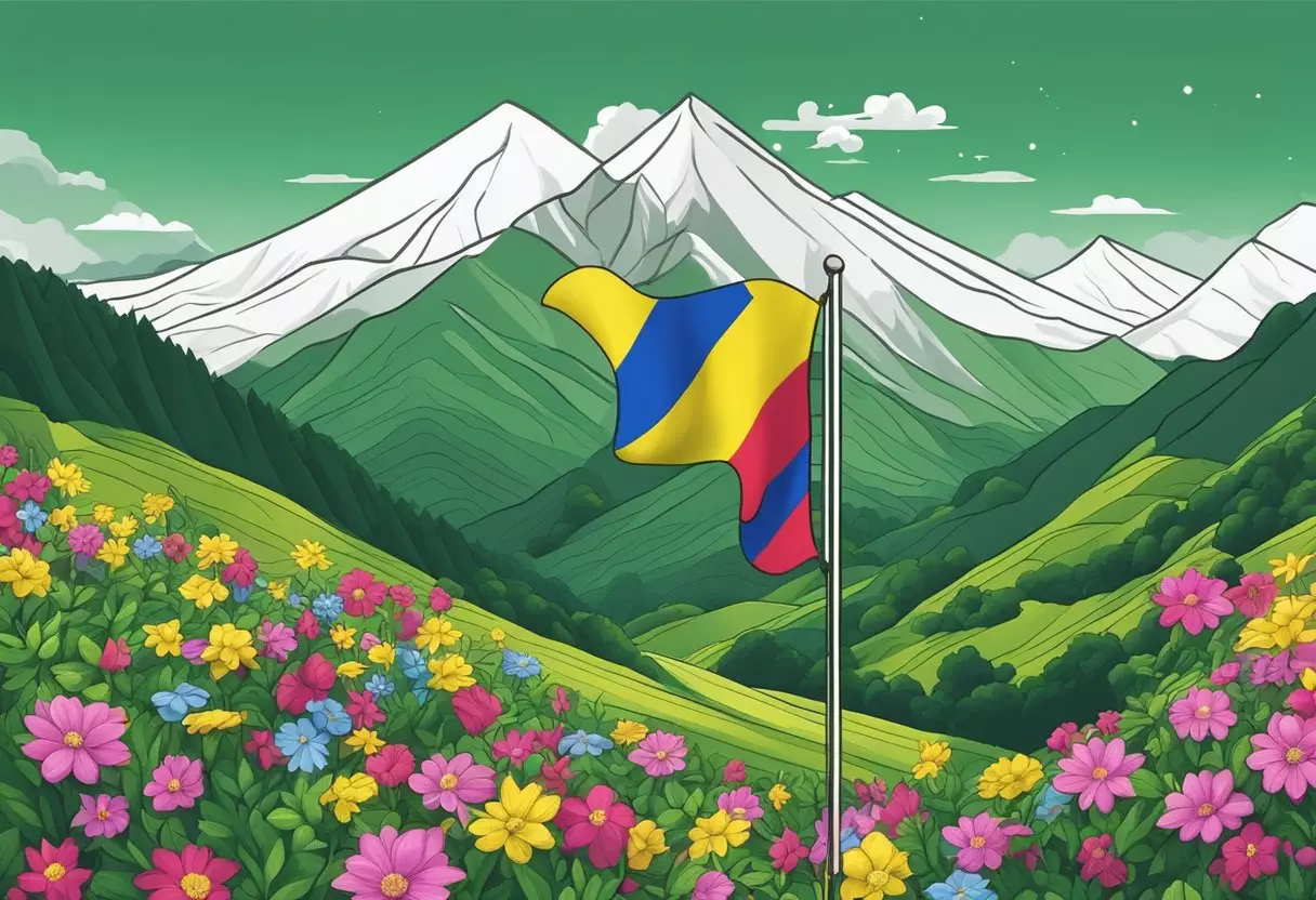 A vibrant Colombian flag waving in the breeze, surrounded by lush green mountains and colorful flowers