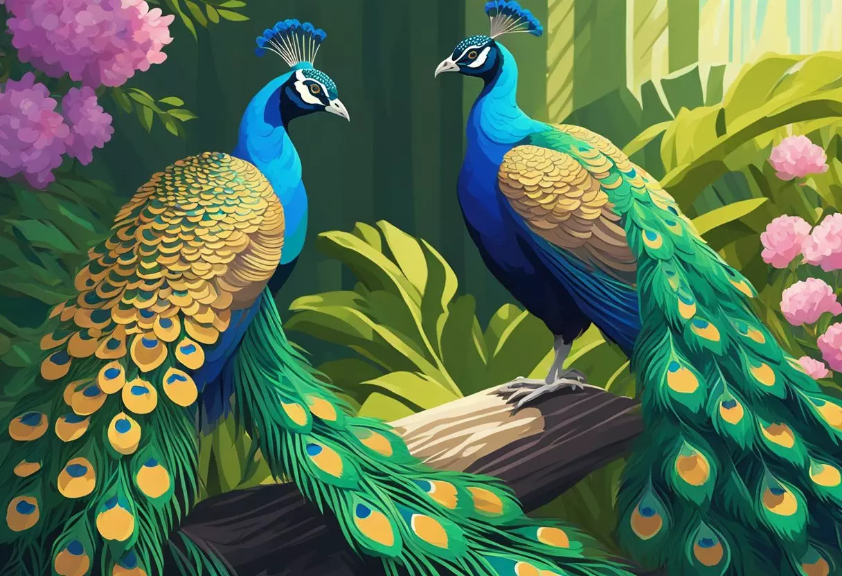 Two majestic peacocks standing amidst a lush garden, their vibrant feathers shimmering in the sunlight