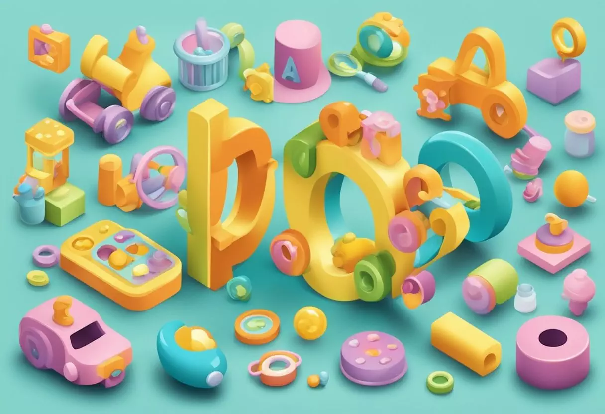 Colorful letters arranged in a playful font, surrounded by baby-themed items like rattles and pacifiers