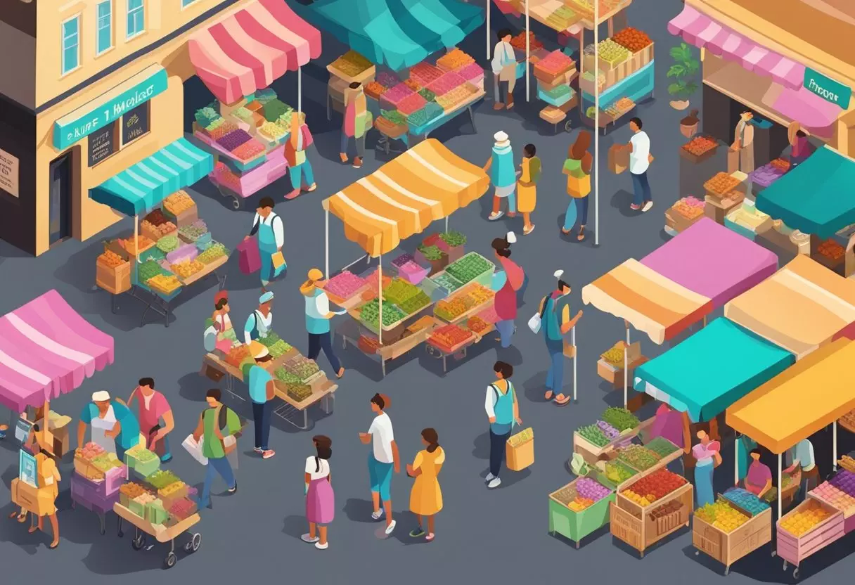 A bustling street market with colorful signs displaying unique last names for girls and boys. People browse the stalls, pointing and discussing their favorite options