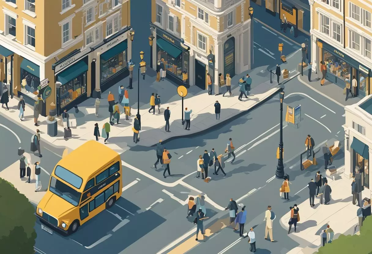 A bustling London street with signs displaying popular English surnames like Smith, Jones, and Williams. Pedestrians pass by, chatting and going about their day