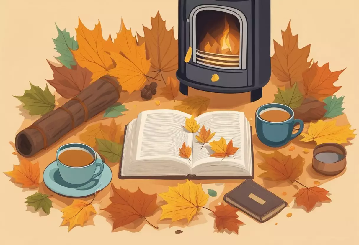 Colorful autumn leaves surround a cozy fireplace with a baby name book open on a table, as a warm cup of tea steams nearby