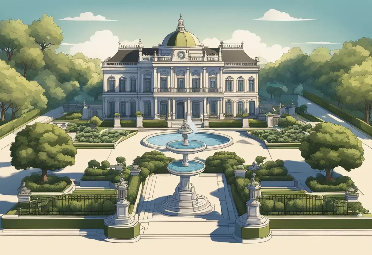 A luxurious mansion with ornate gates and a grand fountain, surrounded by elegant gardens and opulent statues