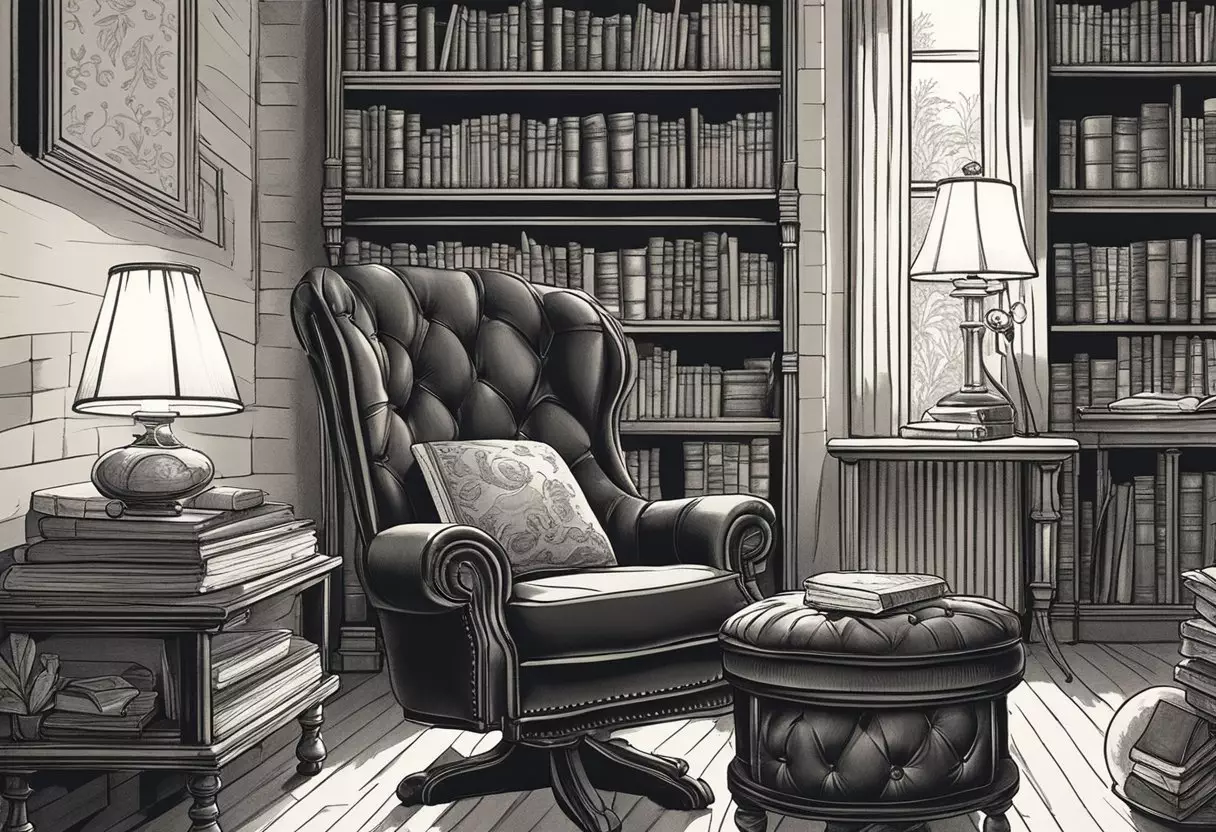 A cozy study with leather armchair, antique books, and a vintage globe