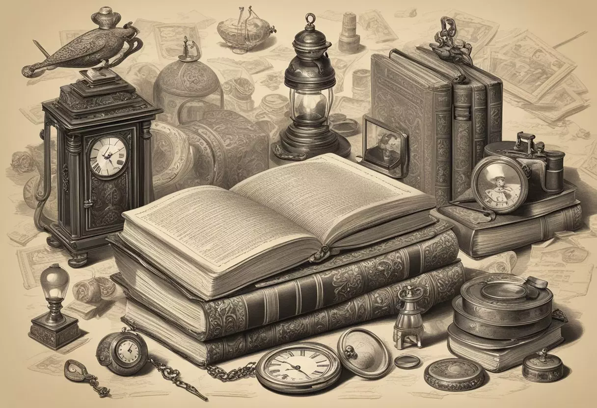 Vintage boy names swirling around a classic book, surrounded by antique objects like a pocket watch and old photographs