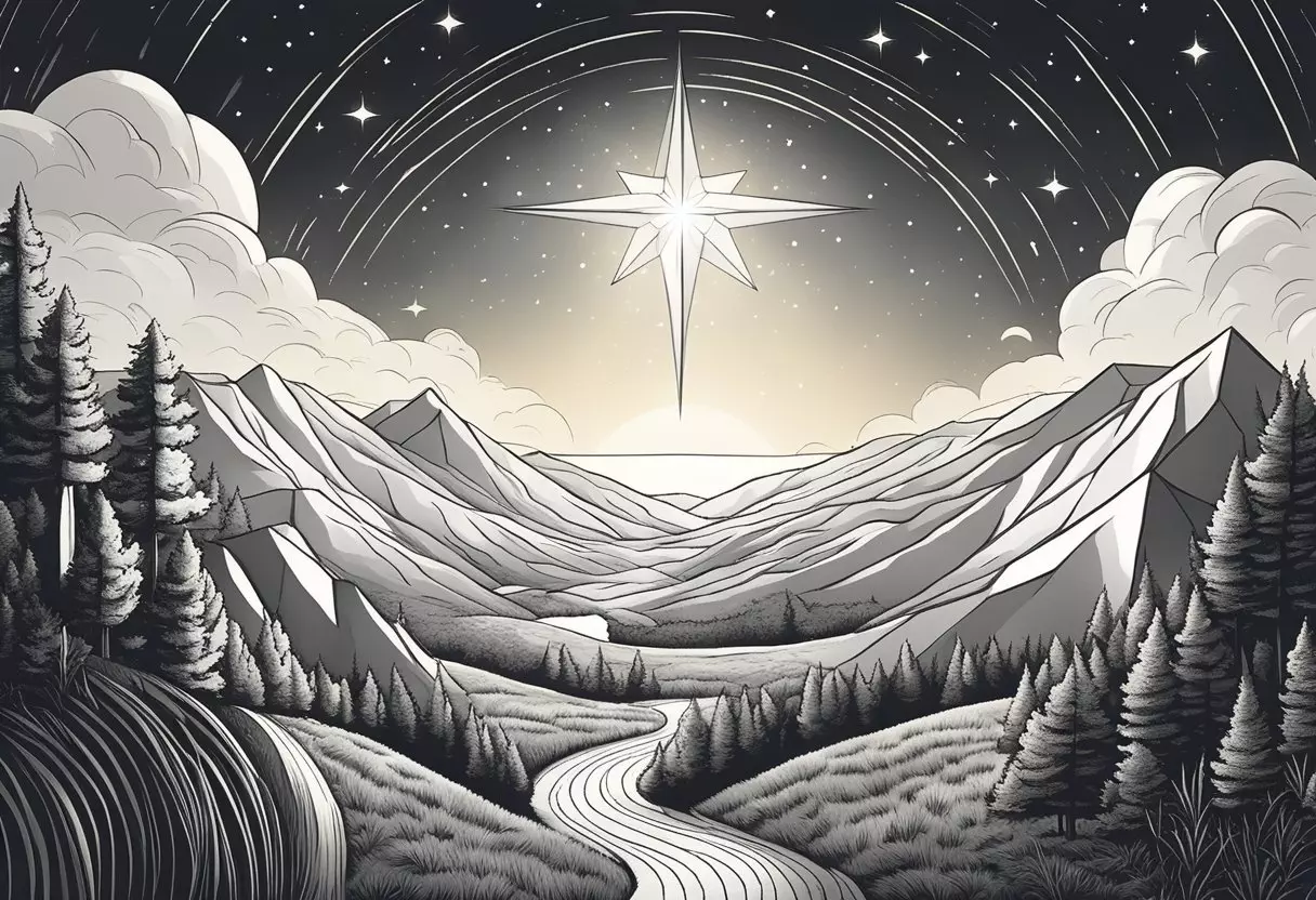 A shining star above a peaceful, serene landscape, symbolizing hope and salvation