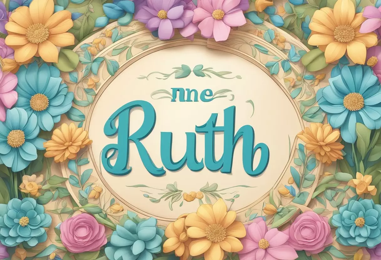 A list of baby girl names with the middle name Ruth displayed on a decorative piece of paper, surrounded by colorful flowers and soft lighting