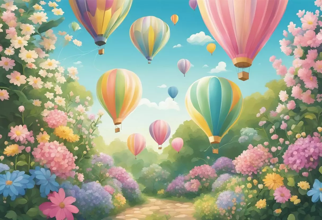 Colorful balloons float around a garden of delicate flowers, as a gentle breeze whispers through the air, carrying the soft sound of laughter and the sweet scent of blossoms