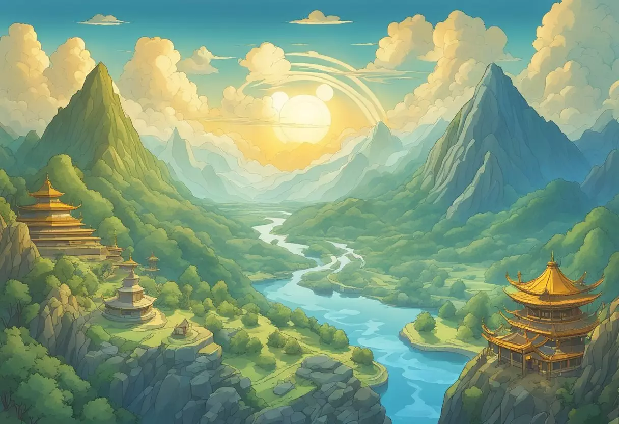 A serene landscape with elements of air, water, earth, and fire, symbolizing the four nations in 