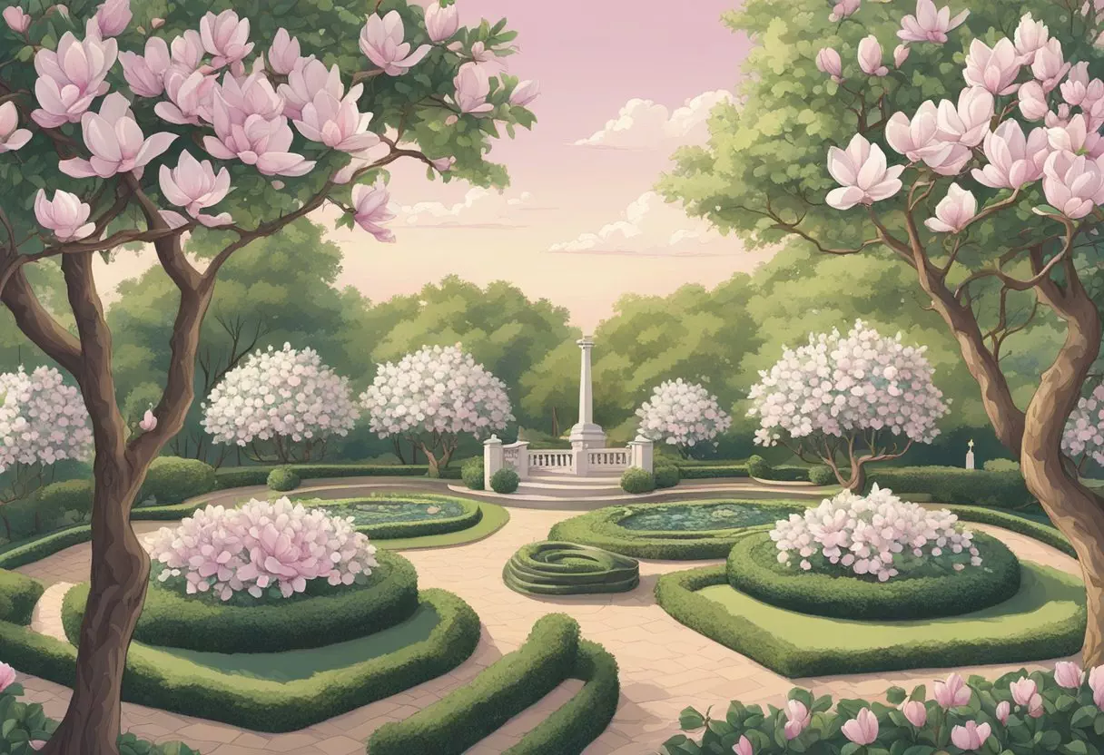 A garden of blooming magnolias with name tags like 