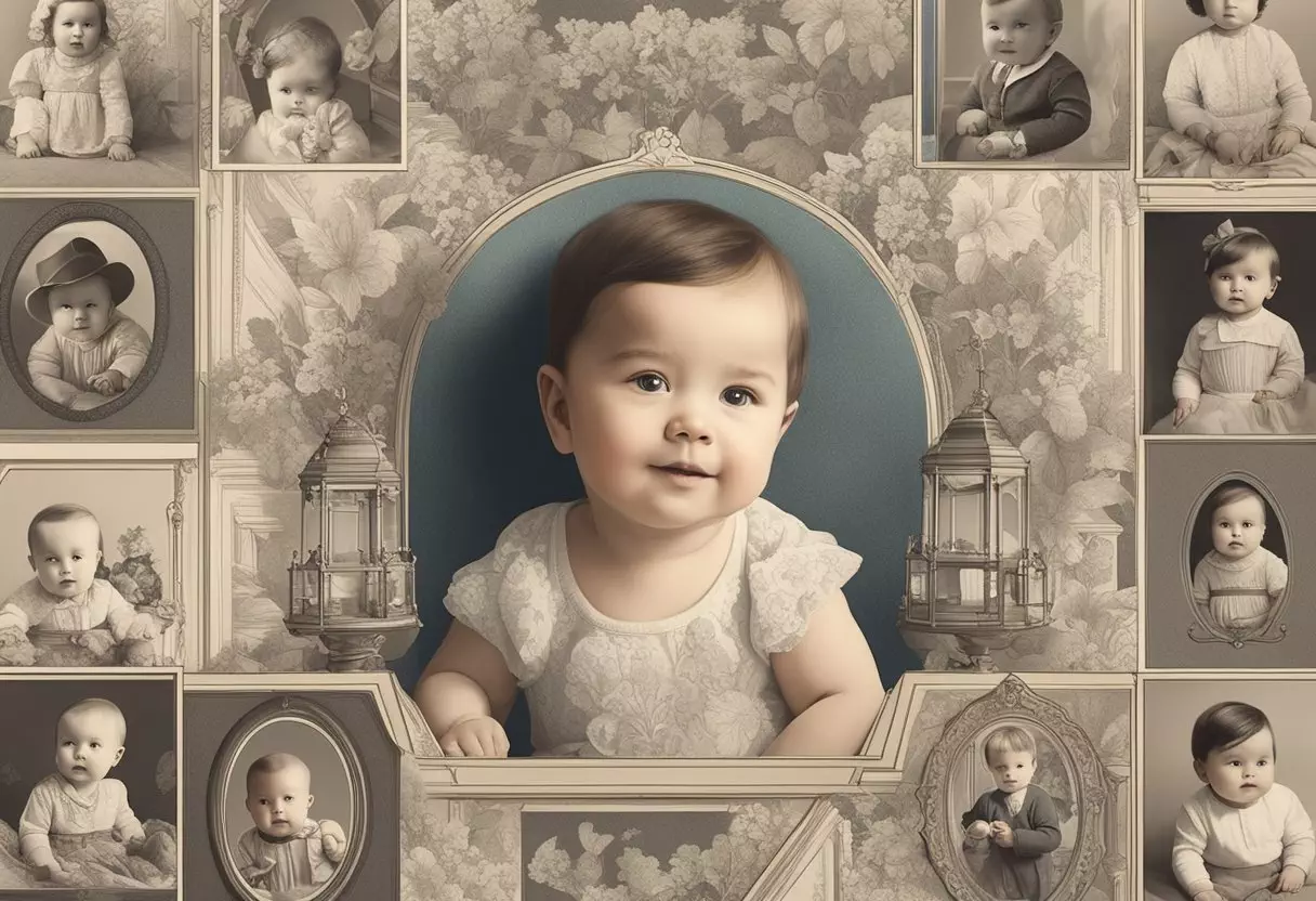 A baby girl with a surname as her first name, surrounded by a collection of vintage family portraits