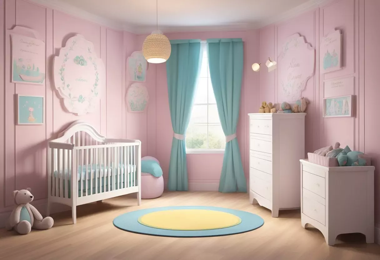 A baby girl's nursery with a wall adorned with framed names and surnames, showcasing the best options for using surnames as first names