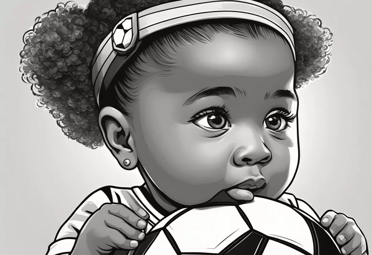 A baby girl with a determined expression, holding a tiny soccer ball and wearing a headband with a sporty design