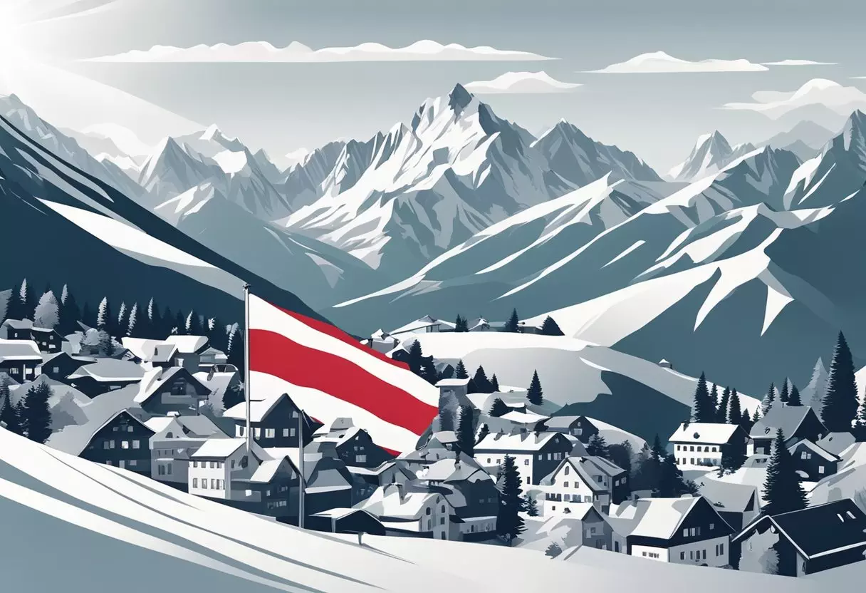 Austria's flag waves in the wind, surrounded by alpine mountains and a picturesque village