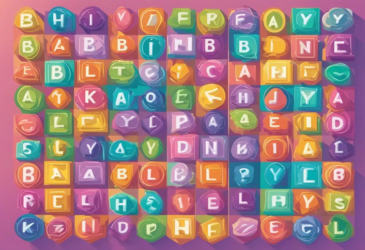 A colorful array of baby names displayed on a vibrant board, with 