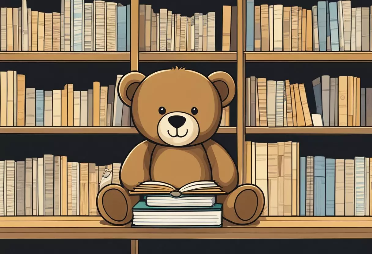 A brown teddy bear sits on a shelf, surrounded by baby name books and a list of 