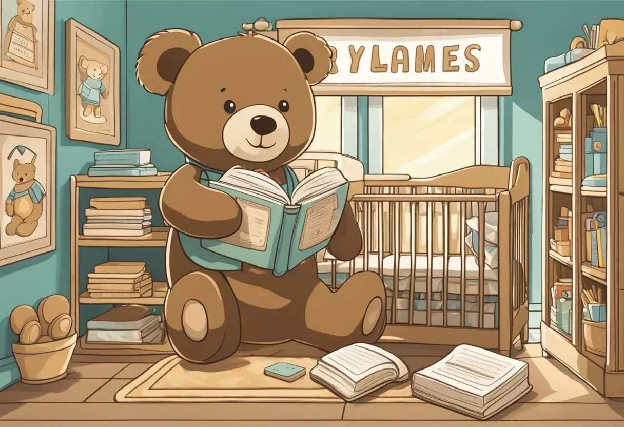 A cozy nursery with a shelf of baby name books, a plush brown teddy bear, and a sign that reads 