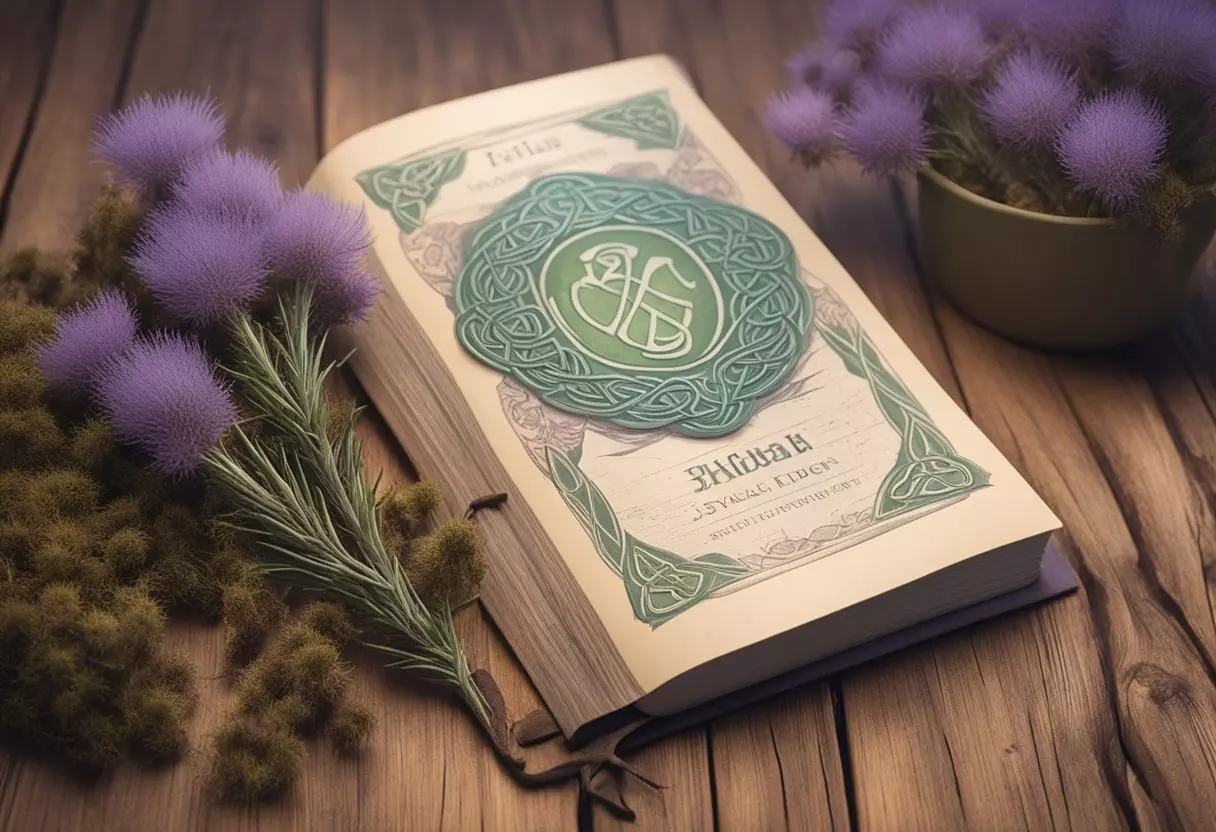 A Celtic baby boy name book lies open on a rustic wooden table, surrounded by a scattering of dried heather and thistle