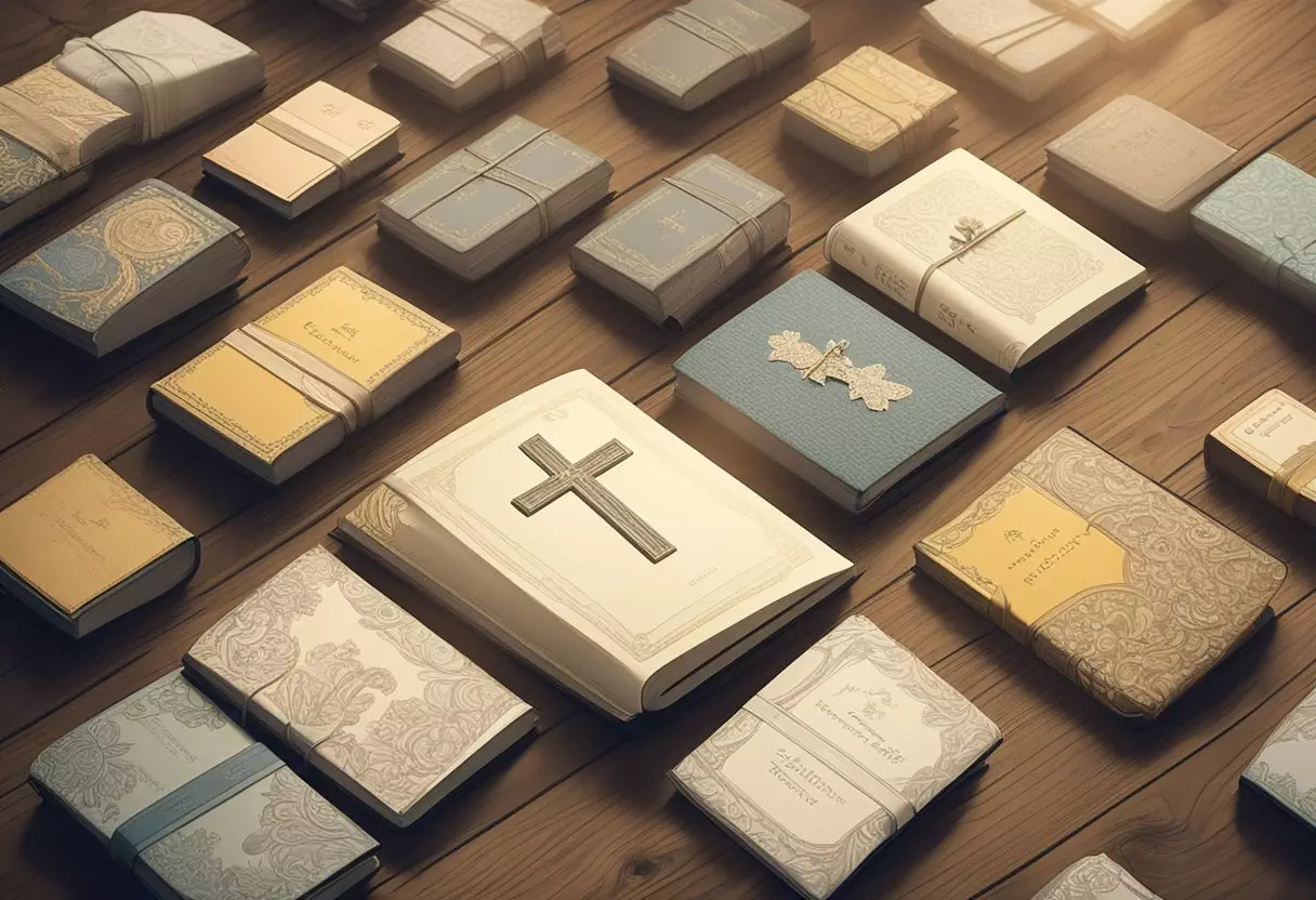 A collection of baby name books and a cross necklace on a wooden table