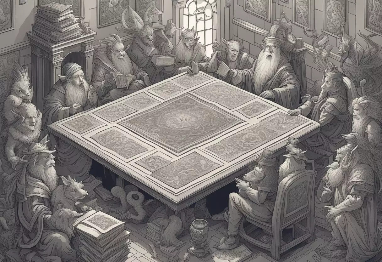 A table covered in scrolls and books, surrounded by a group of fantasy creatures discussing and debating baby names for their offspring