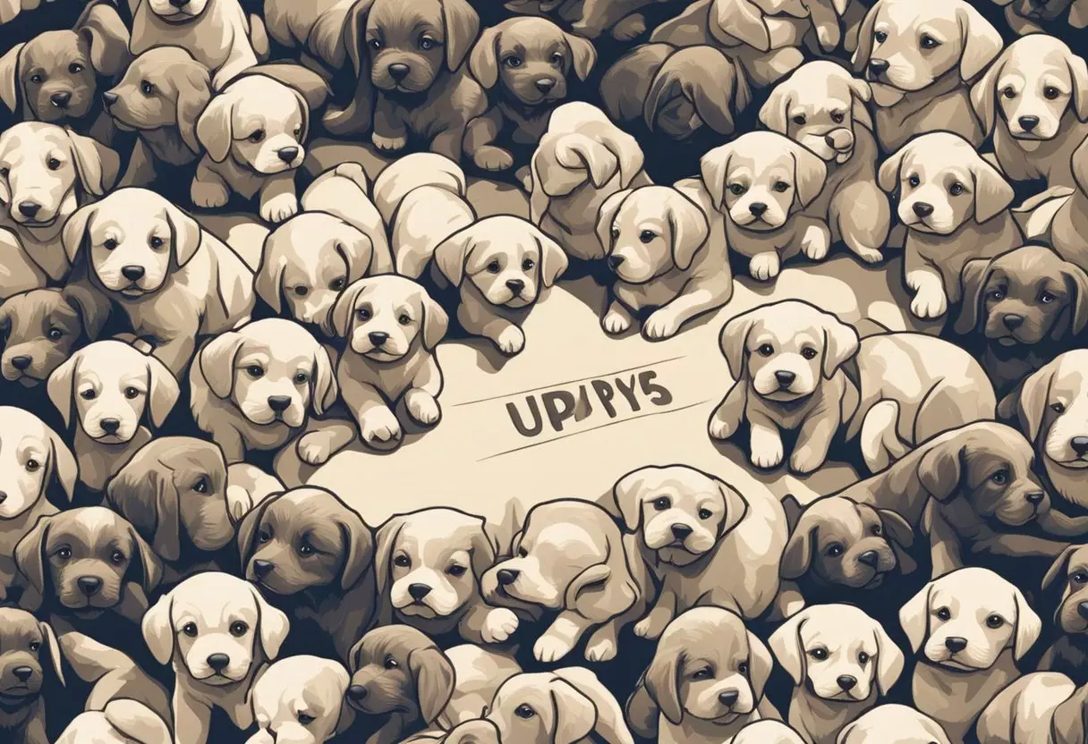 A group of playful puppies surround a sign with various baby names written on it