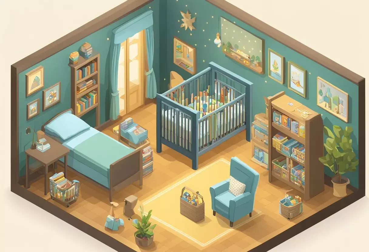 A nursery filled with books, toys, and a crib with a sign reading 