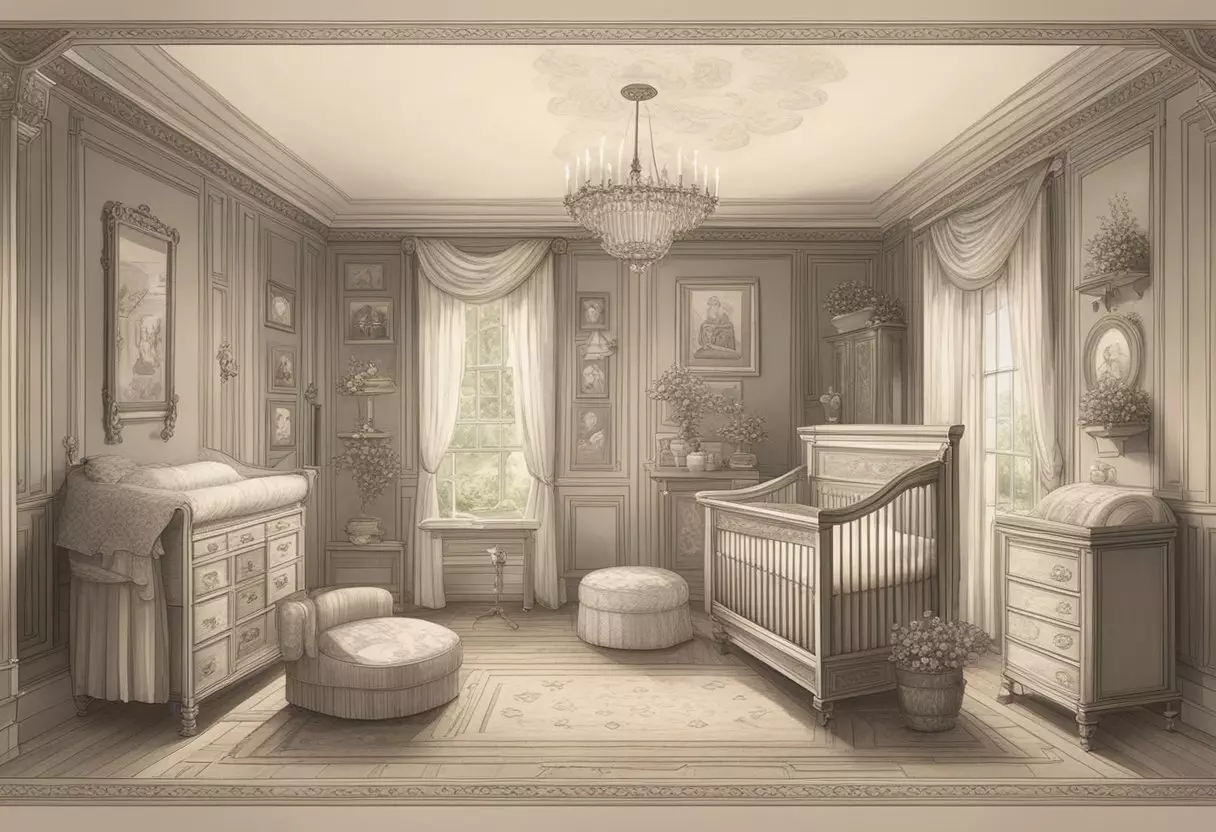 A regency-era nursery with a list of elegant baby names displayed on a vintage scroll