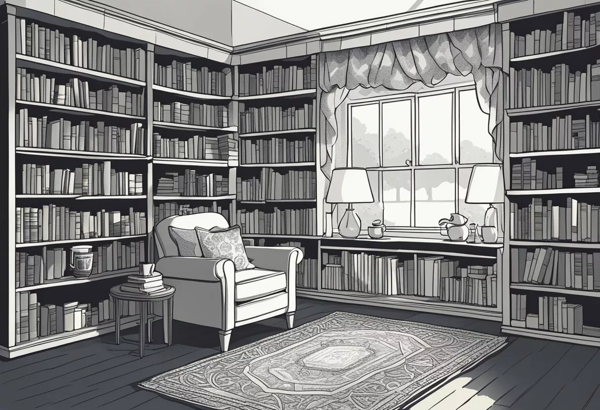 A cozy library with shelves of Gaelic baby name books, a soft blanket, and a cup of tea