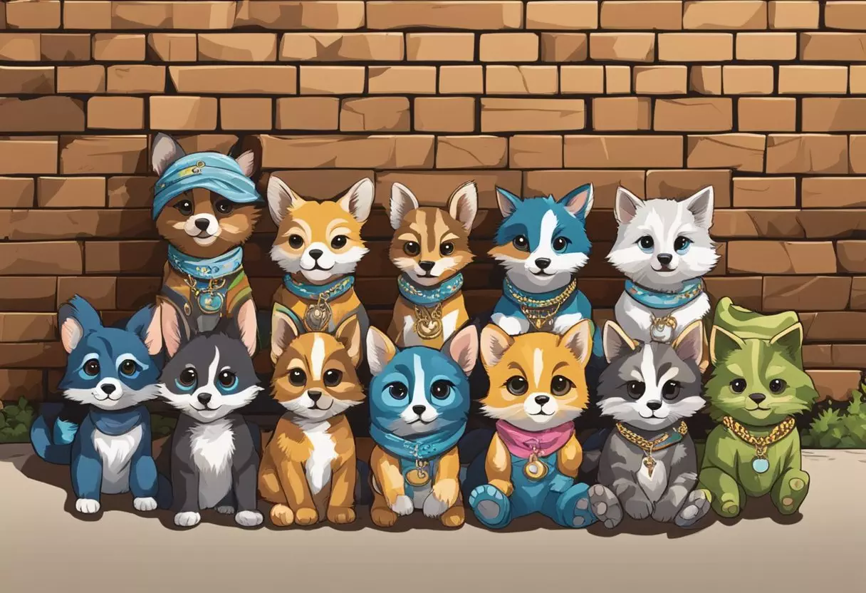 A group of baby animals gather, wearing bandanas and gold chains, with graffiti-style names like 