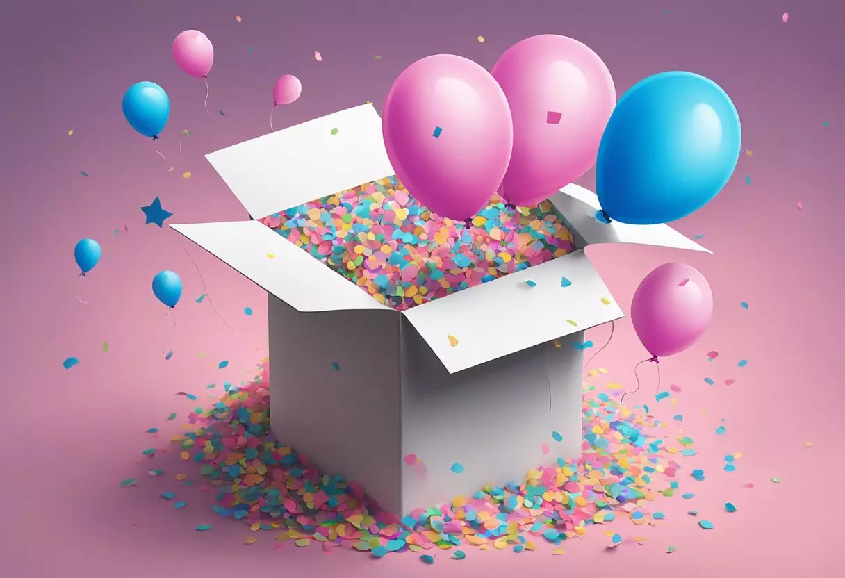 Colorful confetti pops out of a box with 