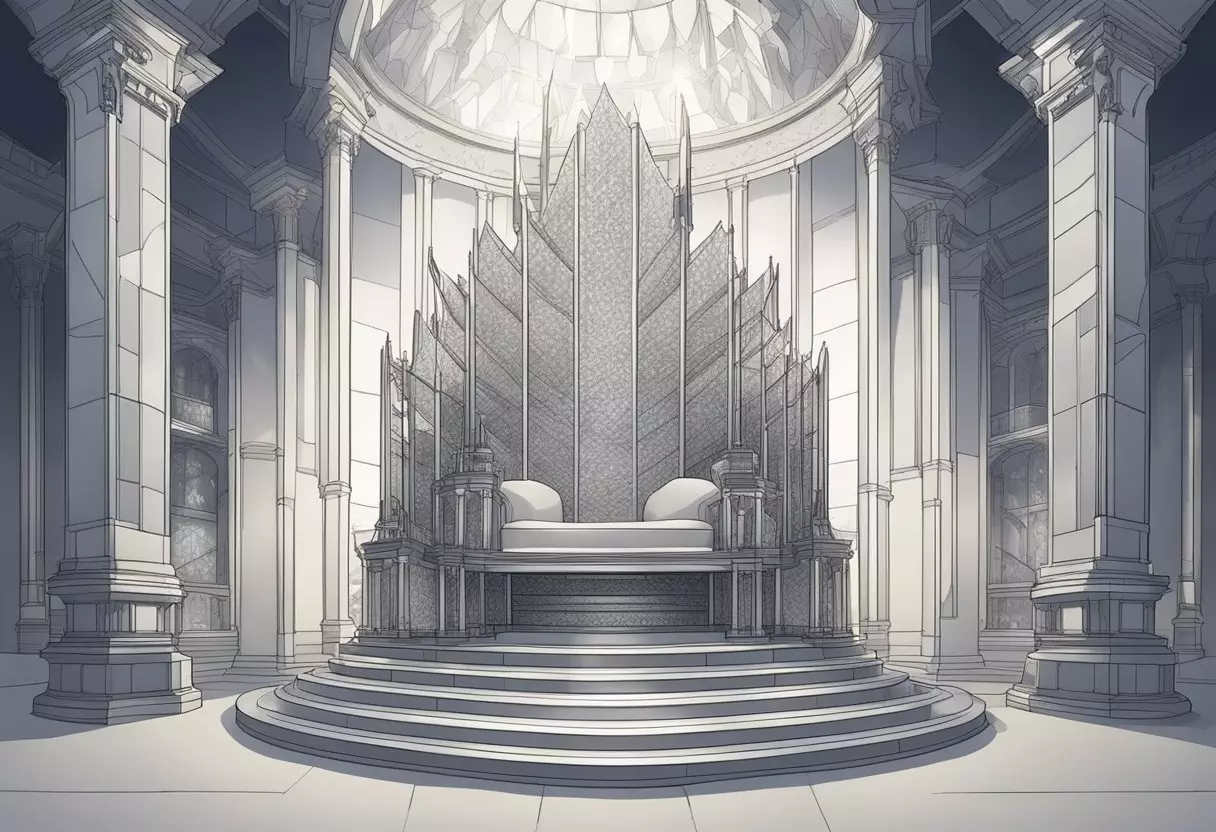 A grand throne made of glass, surrounded by names floating in the air