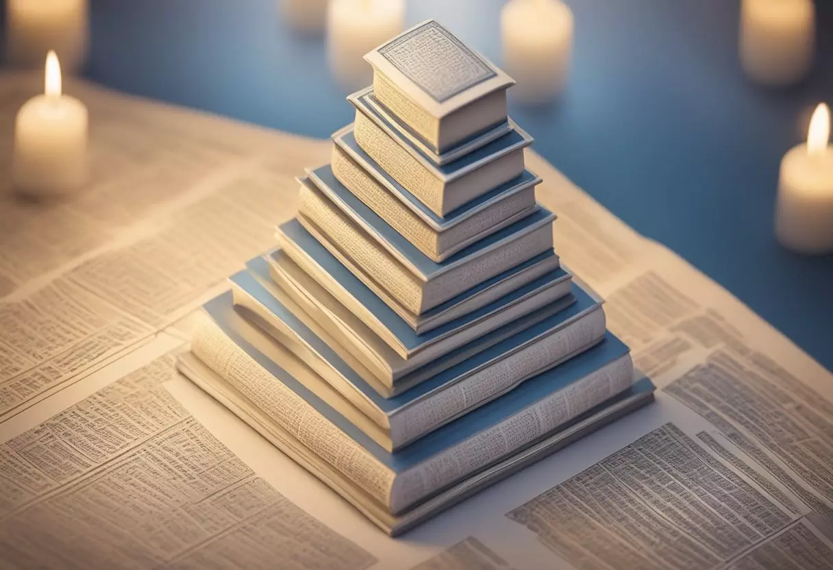 A stack of sacred Sikh scriptures with a list of traditional baby boy names from Gurbani written in elegant calligraphy