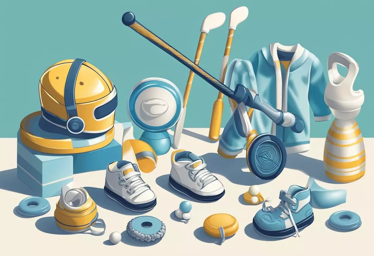 A hockey stick surrounded by baby items like pacifiers, rattles, and onesies, with a hockey puck in the background